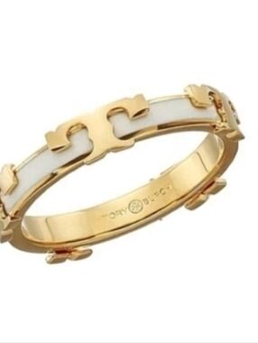 Tory Burch Gold and White Logo Enamel Bangle